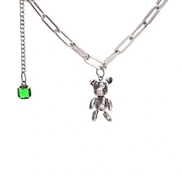 New - Anthropologie Patina Silver Cute Bear Love Peace Heart Necklace - Picture 2 of 15